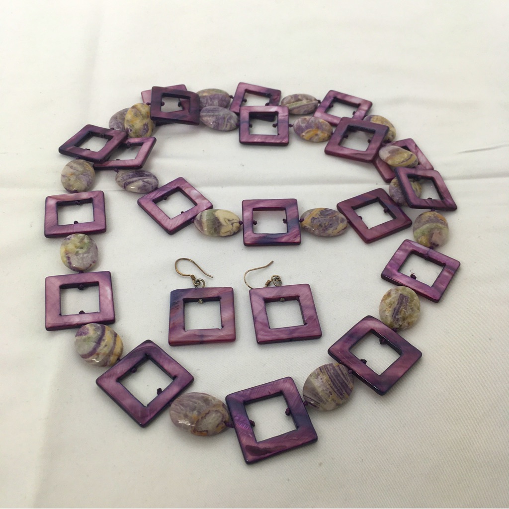 Vintage Purple, Dyed Agate And Dyed Mop, Mother Of Pearl, Necklace And Earrings
